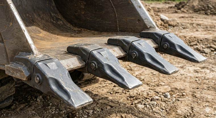 Rocktech bucket teeth and adapters fitted to an excavator bucket