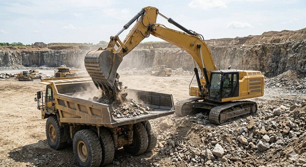 Heavy earthmoving equipment loading rock in a quarry — Rocktech custom steel wearparts in operation