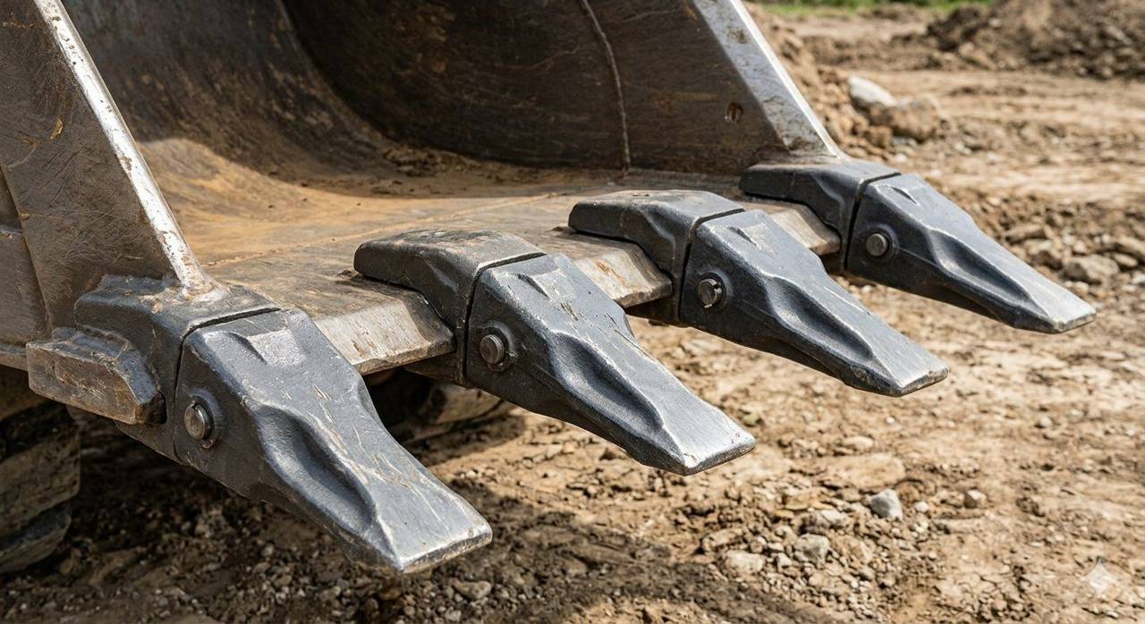 Close-up of Rocktech bucket teeth and adapters on an excavator bucket digging into ground
