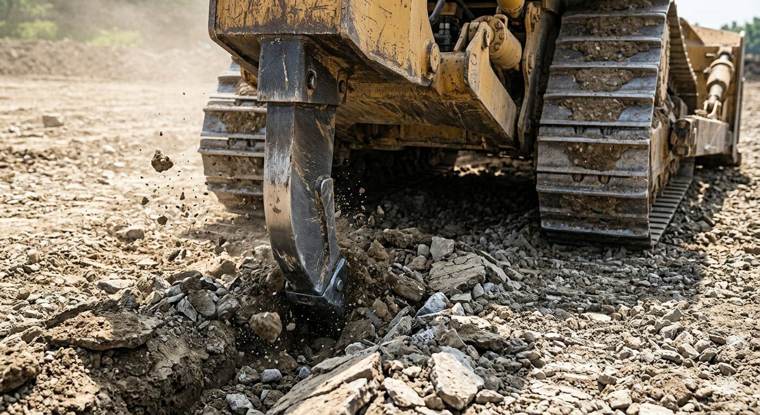 Rocktech ripper shank on a dozer breaking through rocky ground