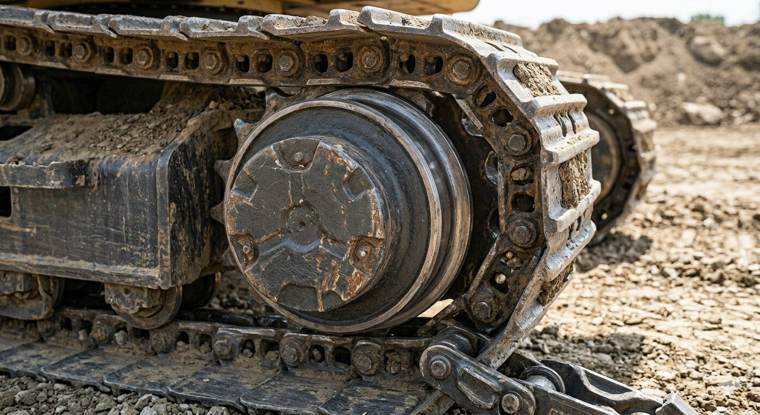 Rocktech undercarriage components — sprocket, rollers and track on a tracked machine